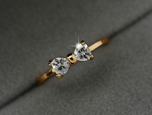 Crystal Rings Gold Color Finger Bow Ring Wedding Engagement Cubic Zirconia