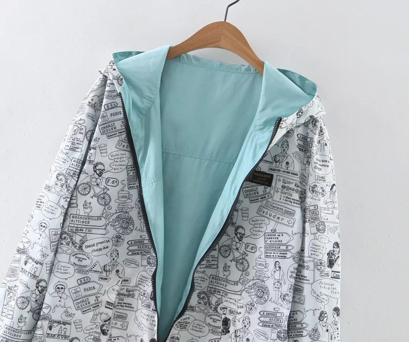 Women Bomber Basic Jacket Pocket Zipper Hooded Wear Cartoon - Shopizhu