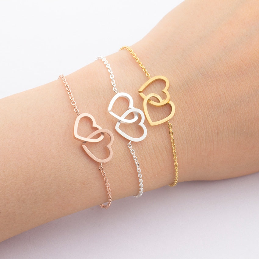 Double Heart Bracelet Rose Gold Jewelry Stainless Steel Chain