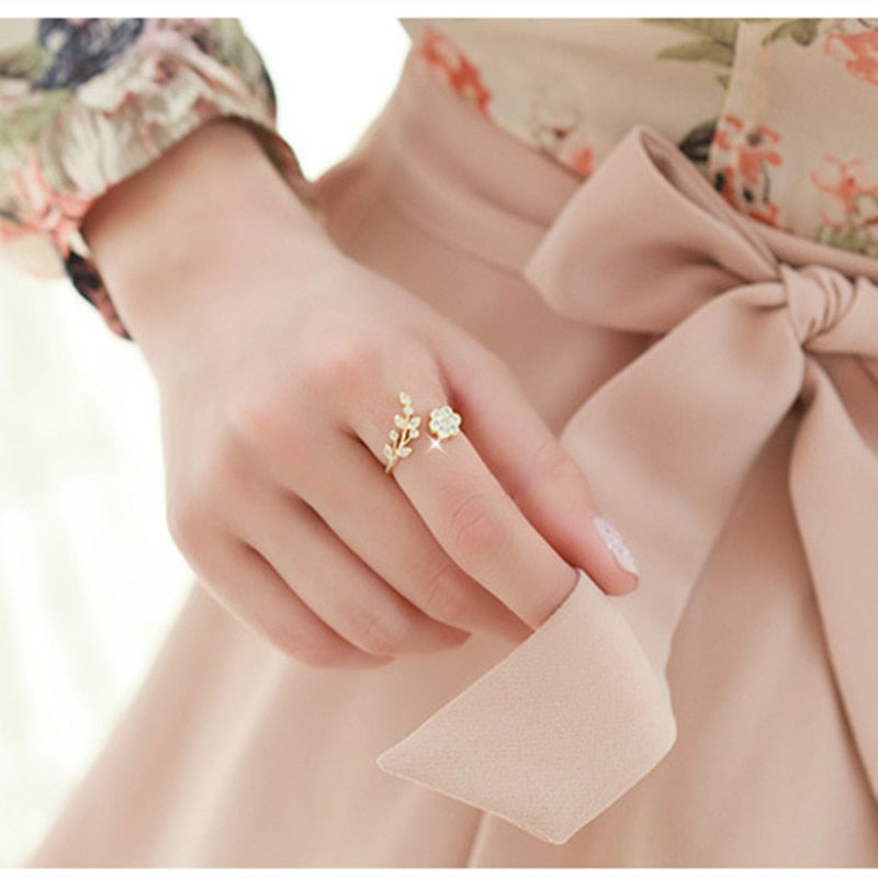 Ring Rose Gold Color Finger Korean Twisted Leaves Flower