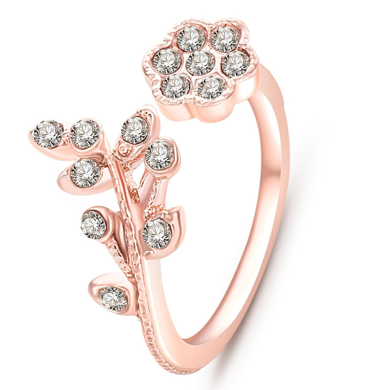 Ring Rose Gold Color Finger Korean Twisted Leaves Flower