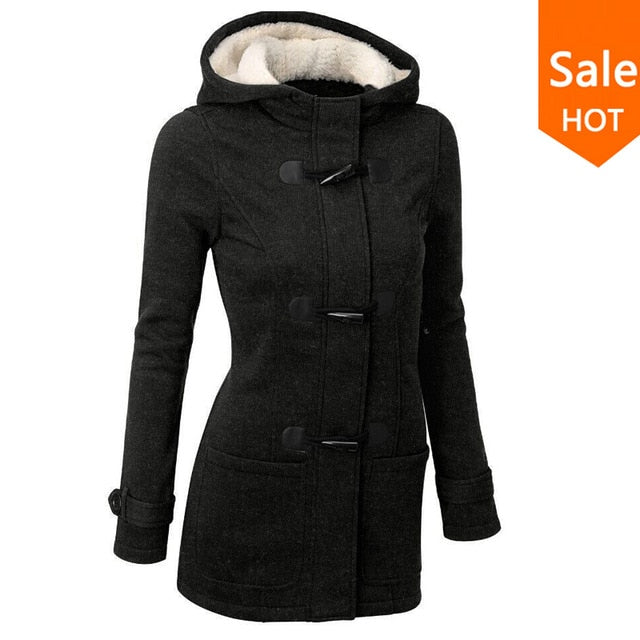 Women Causal Coat Overcoat Hooded Coat Zipper Horn Button - Shopizhu