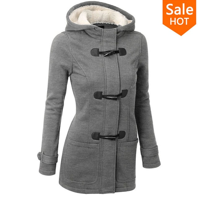 Women Causal Coat Overcoat Hooded Coat Zipper Horn Button - Shopizhu