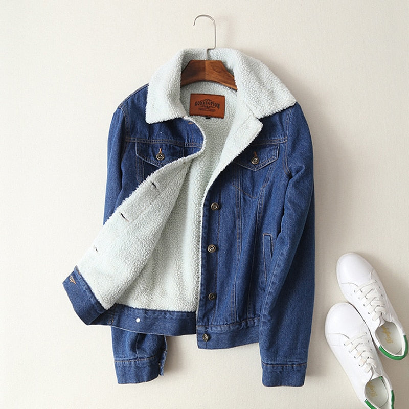 New Women lambswool jean Coat With 4 Pockets Denim Jacket - Shopizhu