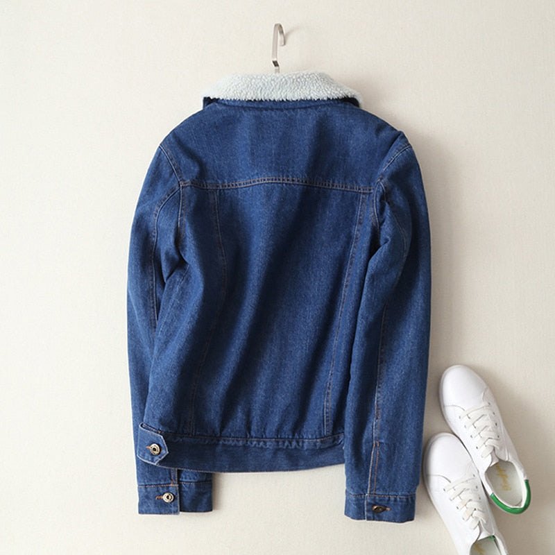 New Women lambswool jean Coat With 4 Pockets Denim Jacket - Shopizhu
