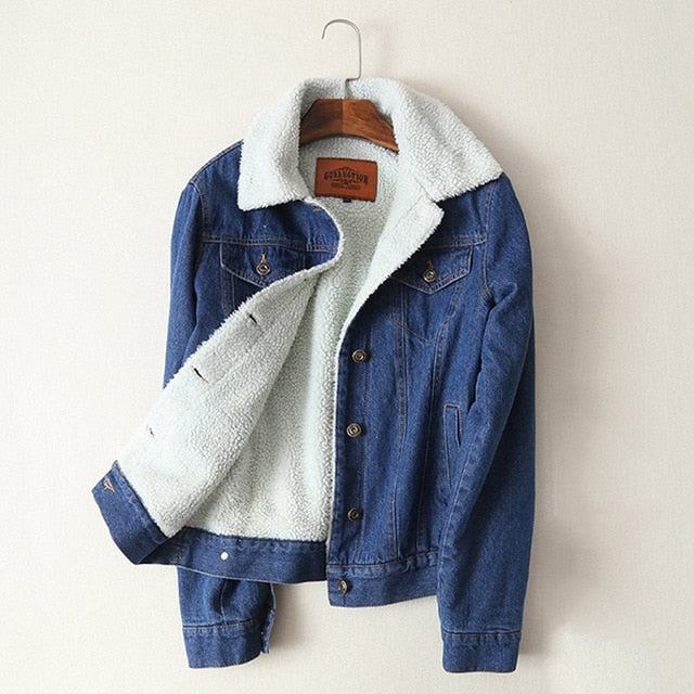 New Women lambswool jean Coat With 4 Pockets Denim Jacket - Shopizhu