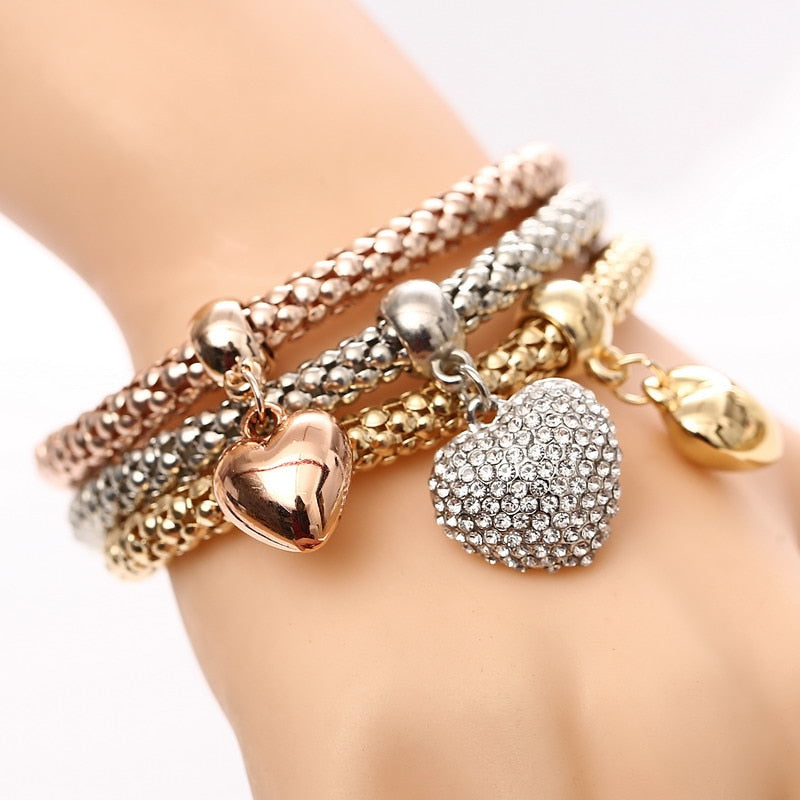 Crystal Owl Heart Charm Bangles Gold Pendants Rhinestone Bracelets 3 Pcs/Set