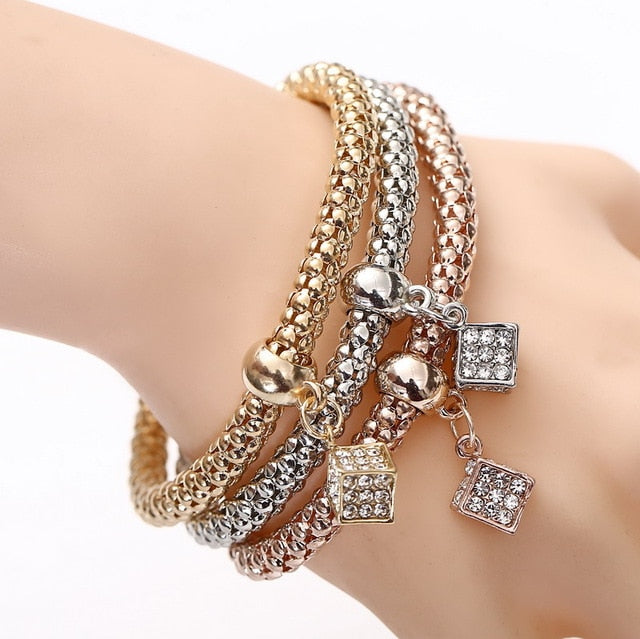 Crystal Owl Heart Charm Bangles Gold Pendants Rhinestone Bracelets 3 Pcs/Set