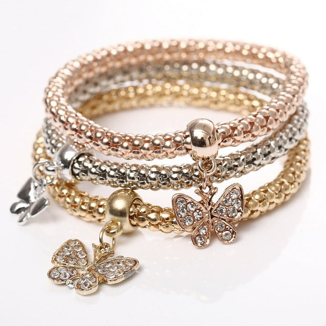 Crystal Owl Heart Charm Bangles Gold Pendants Rhinestone Bracelets 3 Pcs/Set
