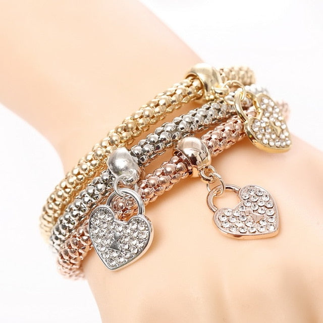 Crystal Owl Heart Charm Bangles Gold Pendants Rhinestone Bracelets 3 Pcs/Set