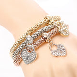Crystal Owl Heart Charm Bangles Gold Pendants Rhinestone Bracelets 3 Pcs/Set