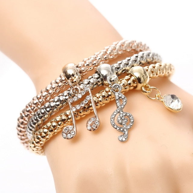 Crystal Owl Heart Charm Bangles Gold Pendants Rhinestone Bracelets 3 Pcs/Set