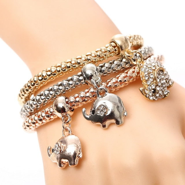 Crystal Owl Heart Charm Bangles Gold Pendants Rhinestone Bracelets 3 Pcs/Set