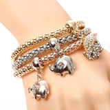 Crystal Owl Heart Charm Bangles Gold Pendants Rhinestone Bracelets 3 Pcs/Set