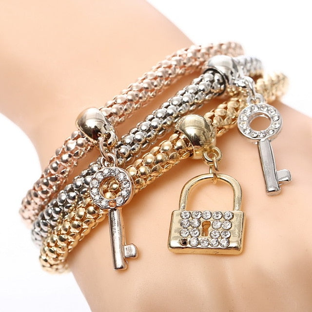Crystal Owl Heart Charm Bangles Gold Pendants Rhinestone Bracelets 3 Pcs/Set