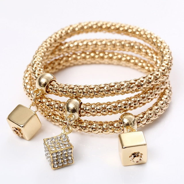 Crystal Owl Heart Charm Bangles Gold Pendants Rhinestone Bracelets 3 Pcs/Set