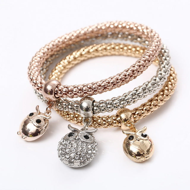Crystal Owl Heart Charm Bangles Gold Pendants Rhinestone Bracelets 3 Pcs/Set