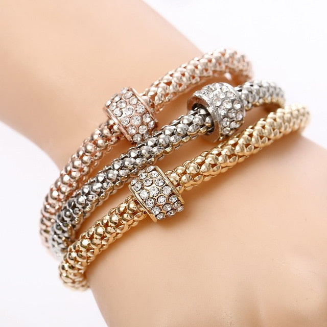 Crystal Owl Heart Charm Bangles Gold Pendants Rhinestone Bracelets 3 Pcs/Set