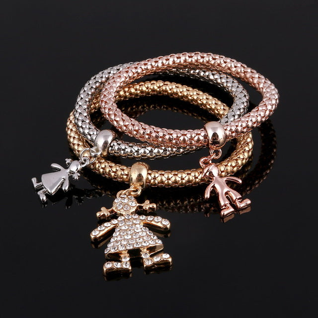 Crystal Owl Heart Charm Bangles Gold Pendants Rhinestone Bracelets 3 Pcs/Set