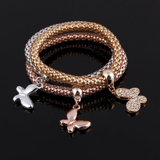 Crystal Owl Heart Charm Bangles Gold Pendants Rhinestone Bracelets 3 Pcs/Set