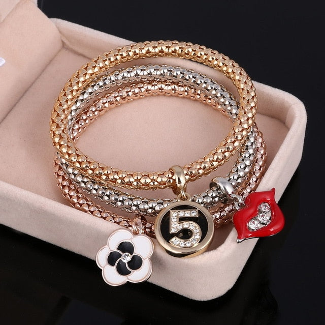 Crystal Owl Heart Charm Bangles Gold Pendants Rhinestone Bracelets 3 Pcs/Set