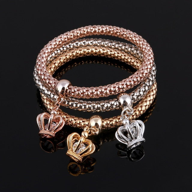 Crystal Owl Heart Charm Bangles Gold Pendants Rhinestone Bracelets 3 Pcs/Set