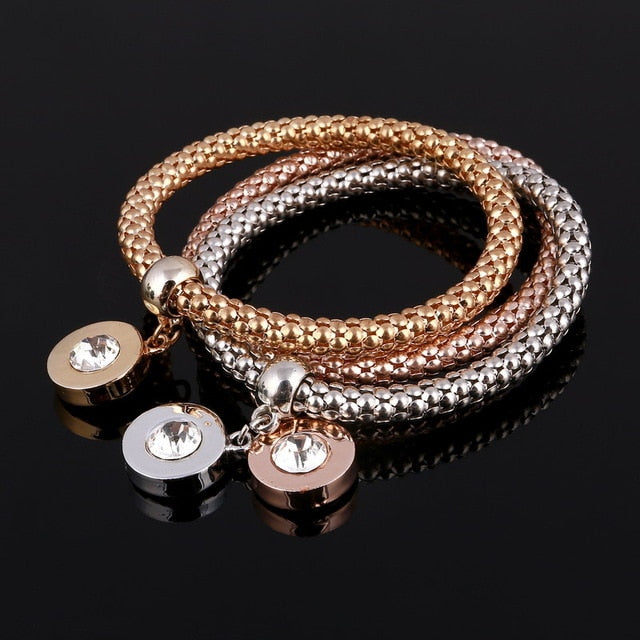 Crystal Owl Heart Charm Bangles Gold Pendants Rhinestone Bracelets 3 Pcs/Set