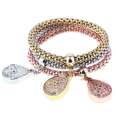 Crystal Owl Heart Charm Bangles Gold Pendants Rhinestone Bracelets 3 Pcs/Set