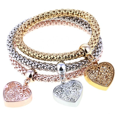 Crystal Owl Heart Charm Bangles Gold Pendants Rhinestone Bracelets 3 Pcs/Set
