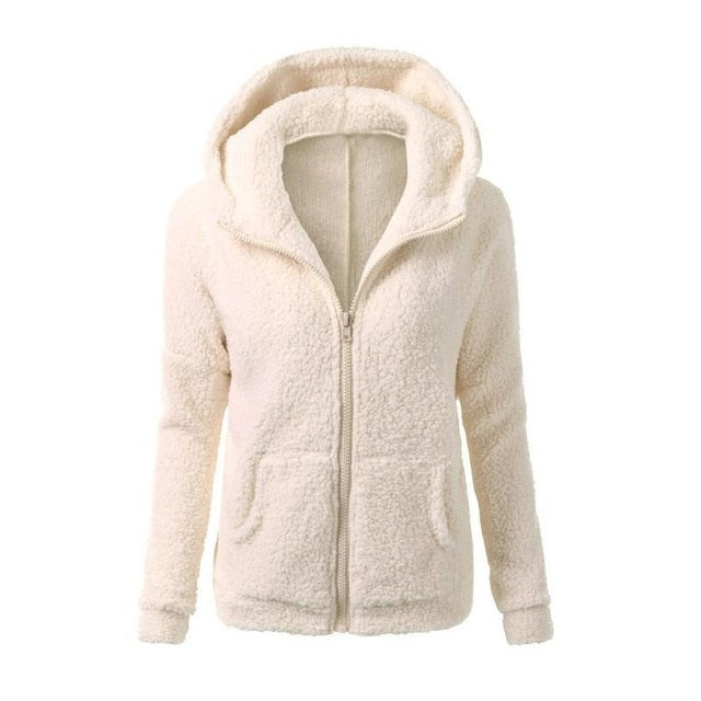 Women Solid Soft Fleece Winter Autumn Warm Jacket Hooded Casual - Shopizhu