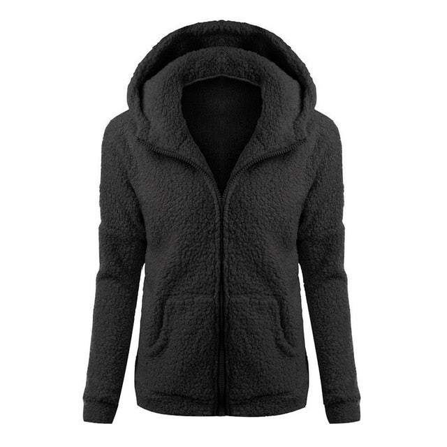 Women Solid Soft Fleece Winter Autumn Warm Jacket Hooded Casual - Shopizhu