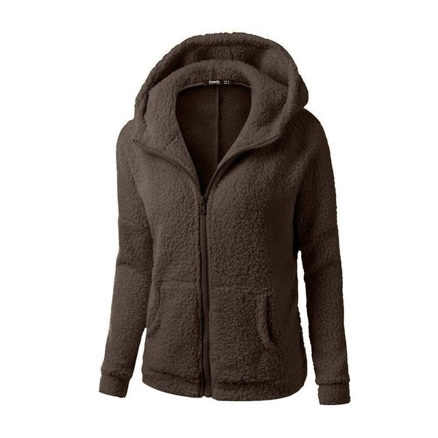 Women Solid Soft Fleece Winter Autumn Warm Jacket Hooded Casual - Shopizhu