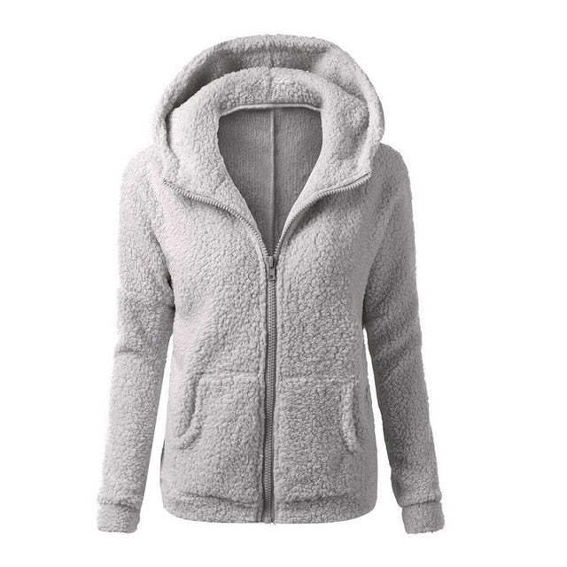 Women Solid Soft Fleece Winter Autumn Warm Jacket Hooded Casual - Shopizhu