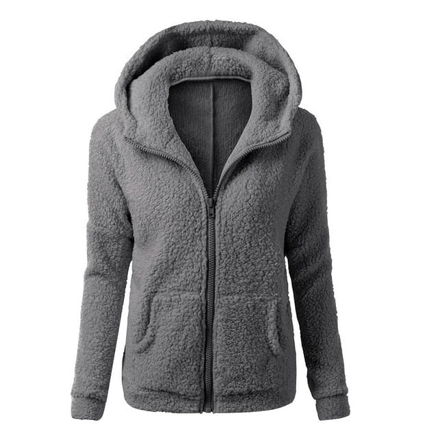 Women Solid Soft Fleece Winter Autumn Warm Jacket Hooded Casual - Shopizhu