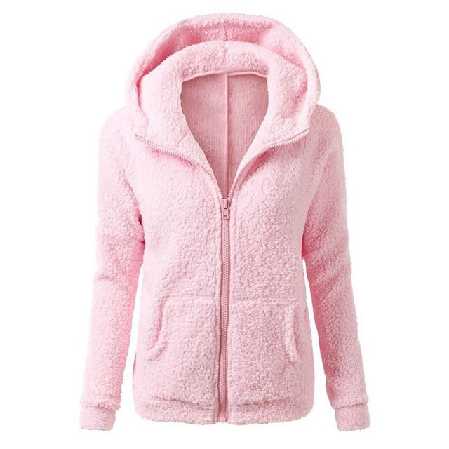 Women Solid Soft Fleece Winter Autumn Warm Jacket Hooded Casual - Shopizhu