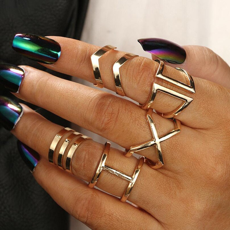 5 Pcs/ Set Classic Gold Colour V Chevron Rings Geometrical Irregular Ring Set