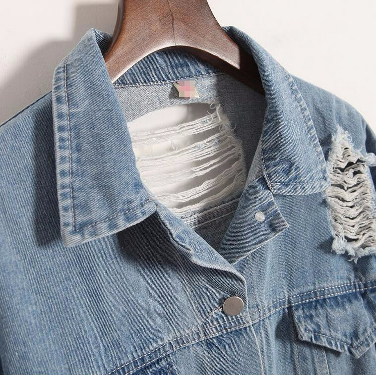Retro frayed embroidery letter patch bomber jacket women Denim Coat Female - Shopizhu
