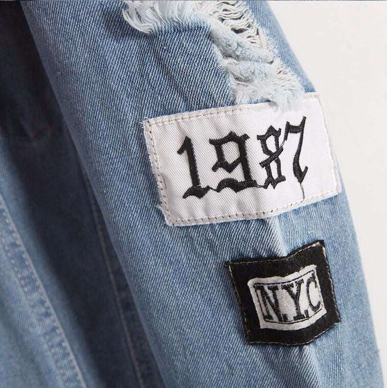 Retro frayed embroidery letter patch bomber jacket women Denim Coat Female - Shopizhu