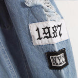 Retro frayed embroidery letter patch bomber jacket women Denim Coat Female - Shopizhu