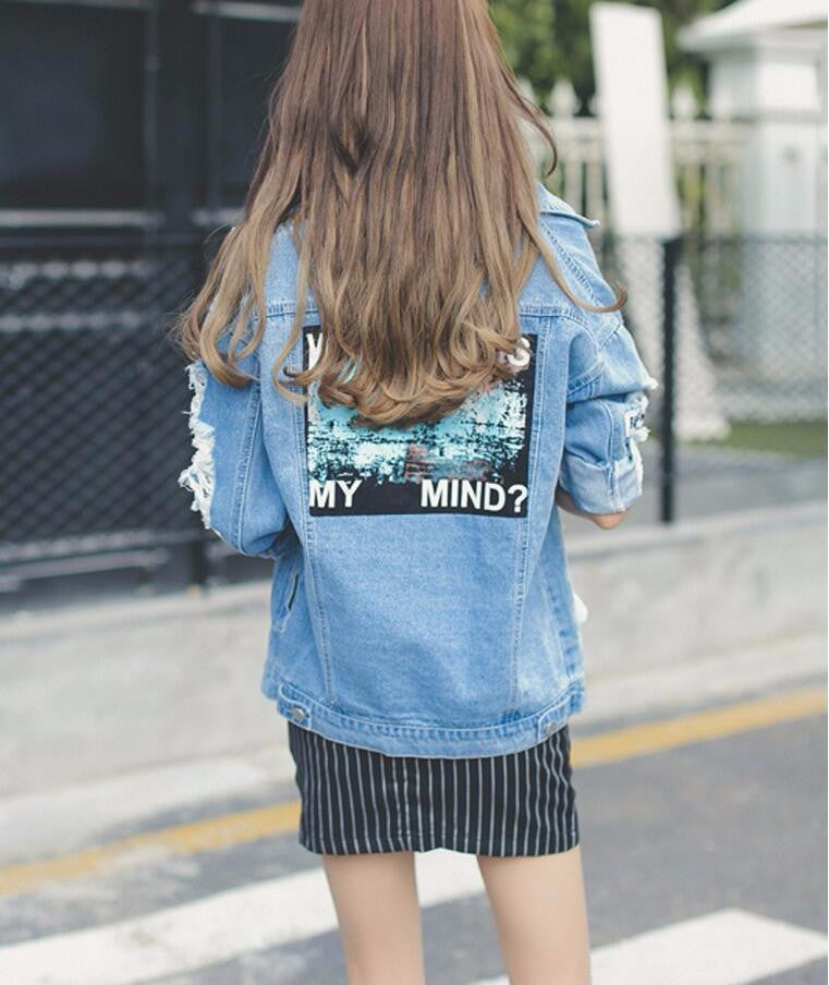 Retro frayed embroidery letter patch bomber jacket women Denim Coat Female - Shopizhu