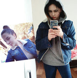 New Women lambswool jean Coat With 4 Pockets Denim Jacket - Shopizhu