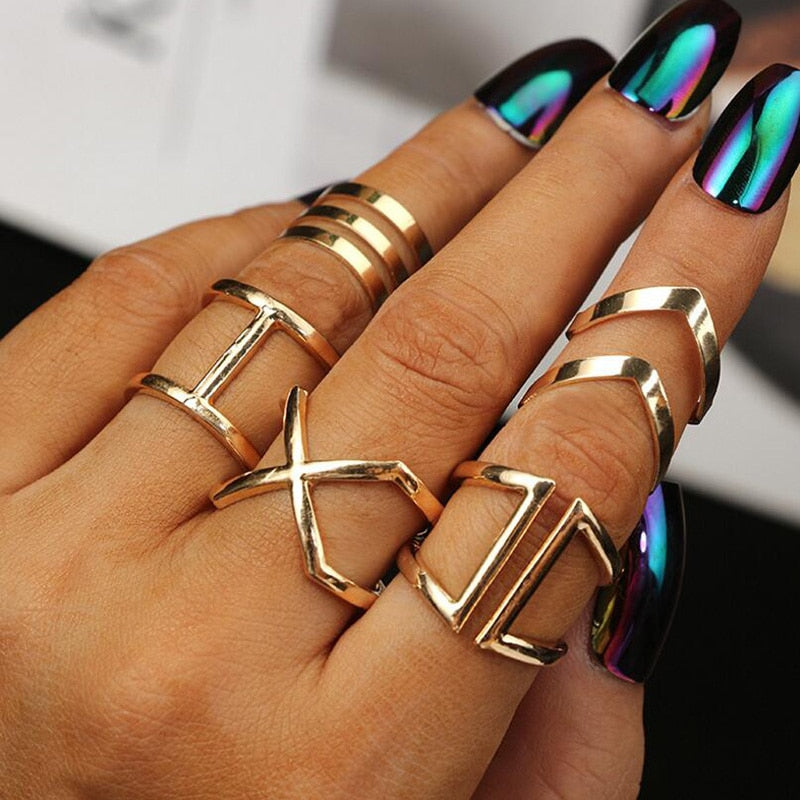 5 Pcs/ Set Classic Gold Colour V Chevron Rings Geometrical Irregular Ring Set