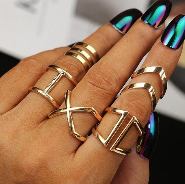 5 Pcs/ Set Classic Gold Colour V Chevron Rings Geometrical Irregular Ring Set