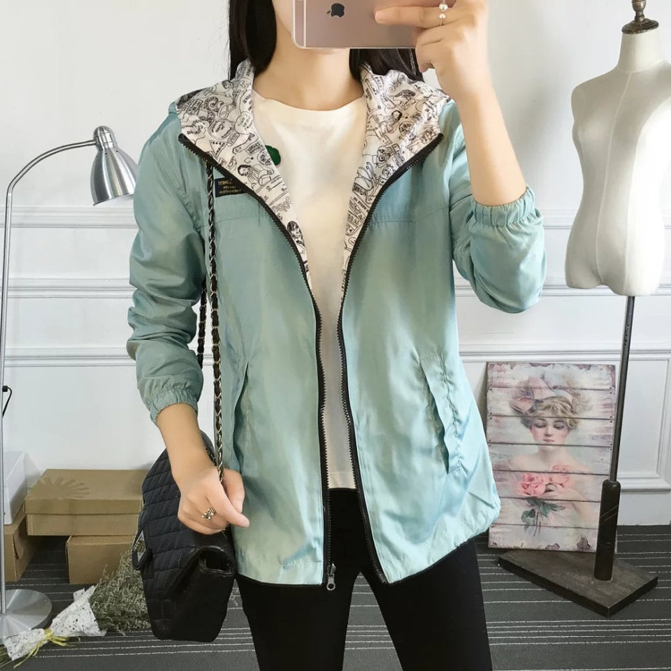 Women Bomber Basic Jacket Pocket Zipper Hooded Wear Cartoon - Shopizhu