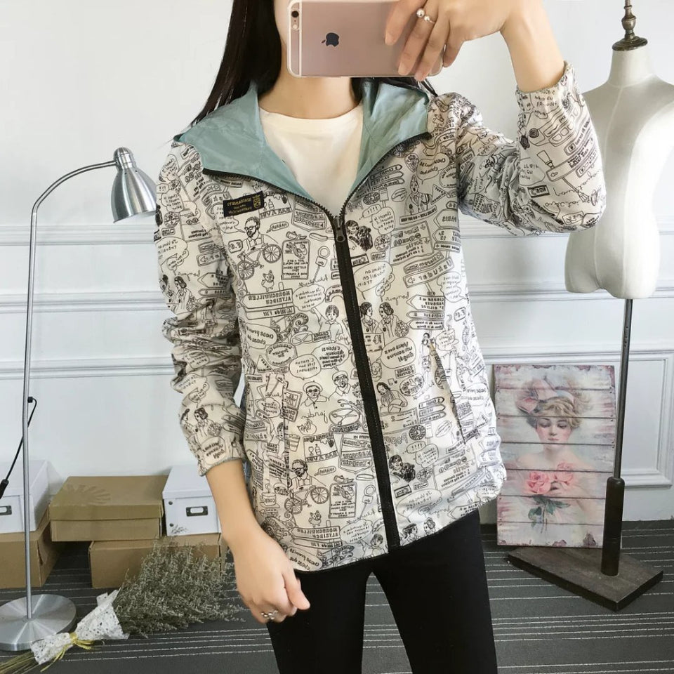 Women Bomber Basic Jacket Pocket Zipper Hooded Wear Cartoon - Shopizhu