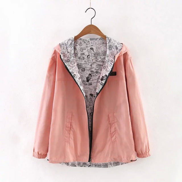 Women Bomber Basic Jacket Pocket Zipper Hooded Wear Cartoon - Shopizhu