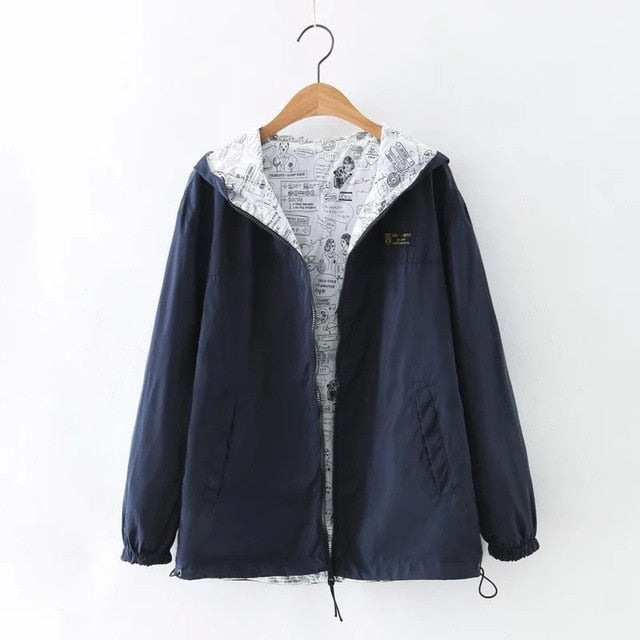 Women Bomber Basic Jacket Pocket Zipper Hooded Wear Cartoon - Shopizhu