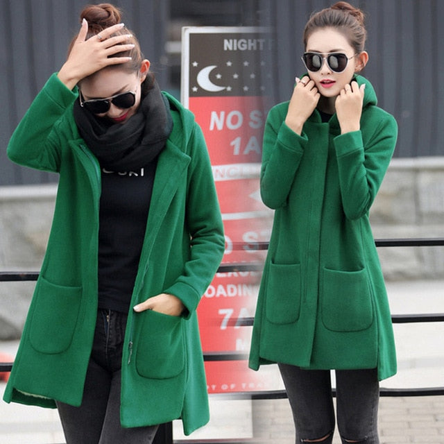 Autumn Winter Women's Fleece Jacket Coats Long HoodedSlim Fit Hoodies - Shopizhu