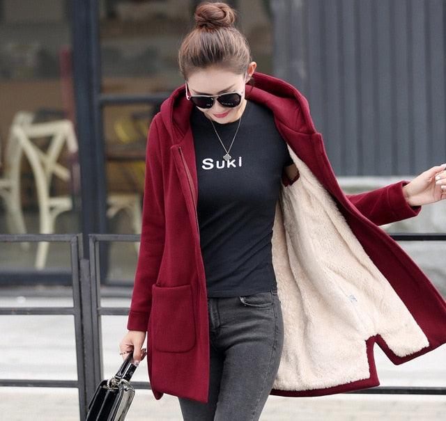 Autumn Winter Women's Fleece Jacket Coats Long HoodedSlim Fit Hoodies - Shopizhu