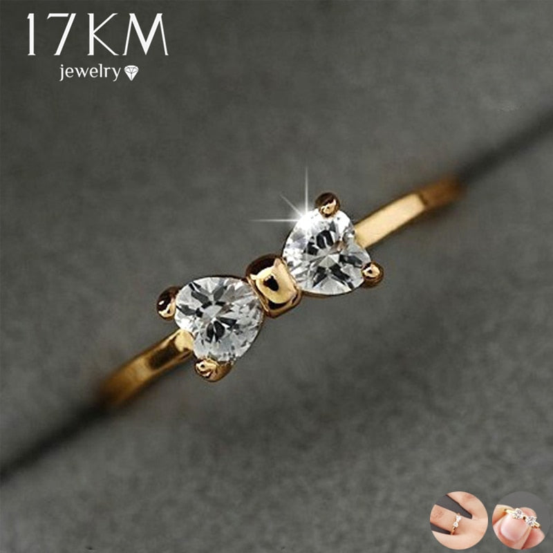 Crystal Rings Gold Color Finger Bow Ring Wedding Engagement Cubic Zirconia